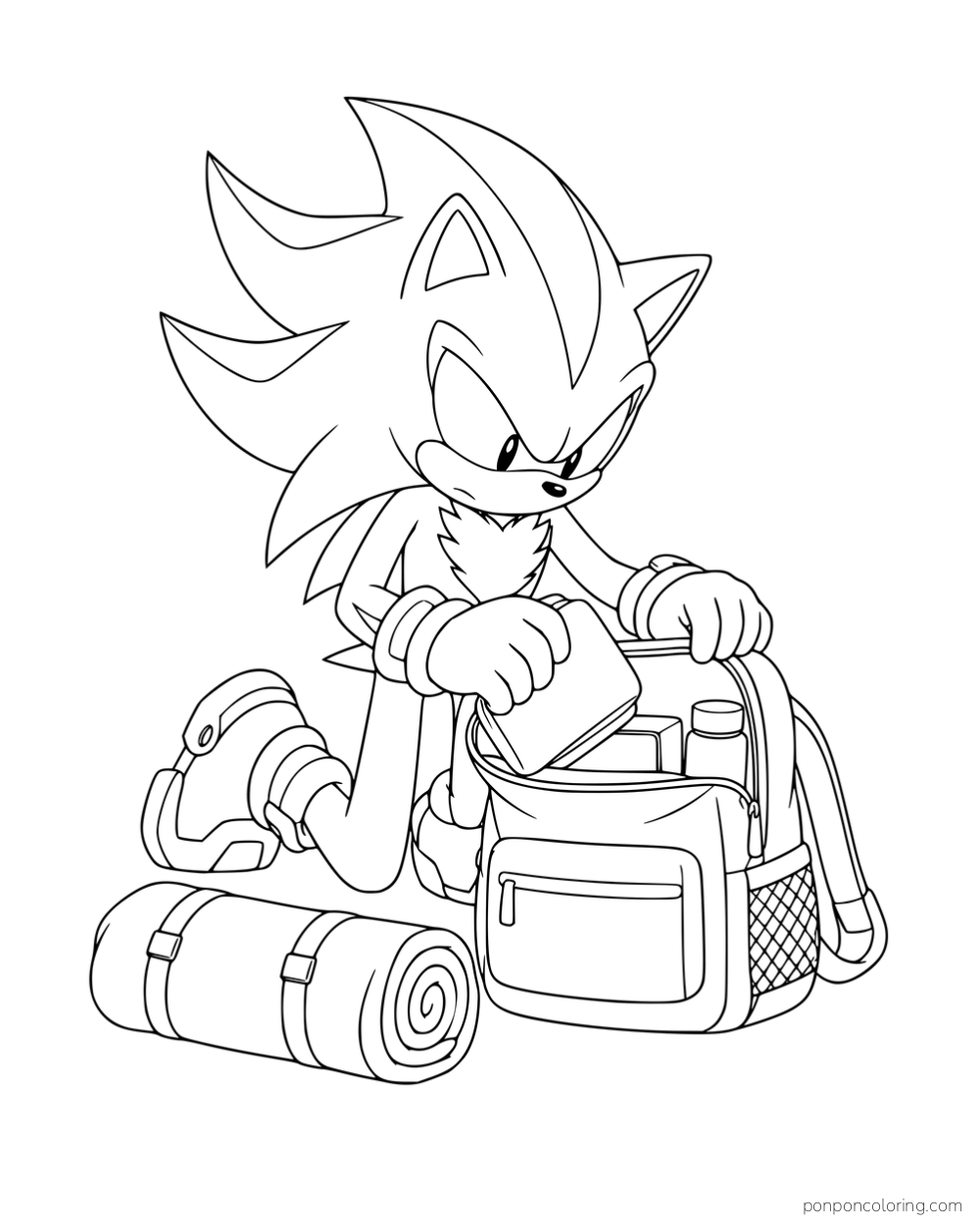 Shadow packing an open backpack beside a rolled blanket.