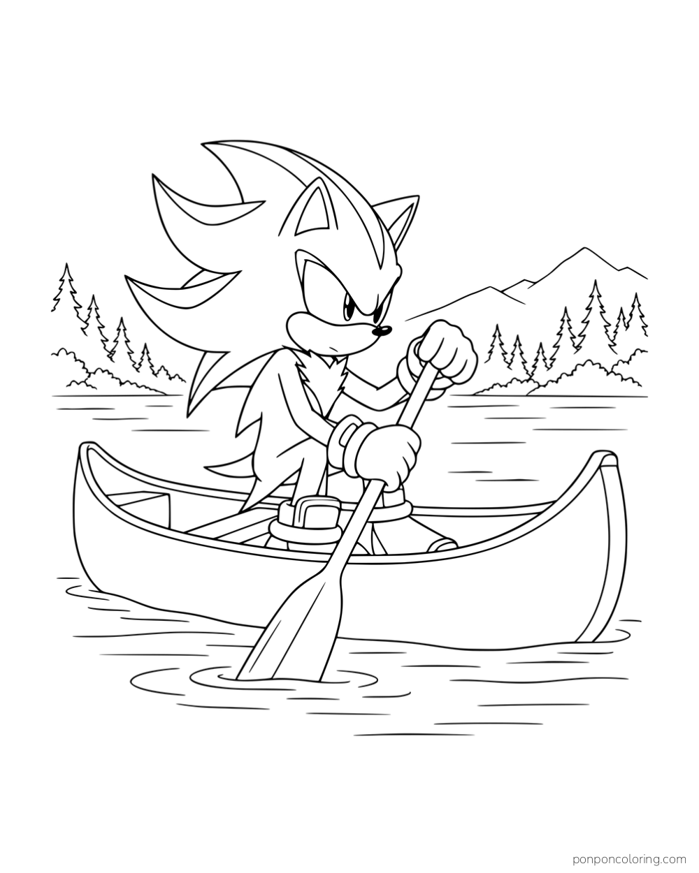 Shadow paddling a canoe with trees and mountains behind him.