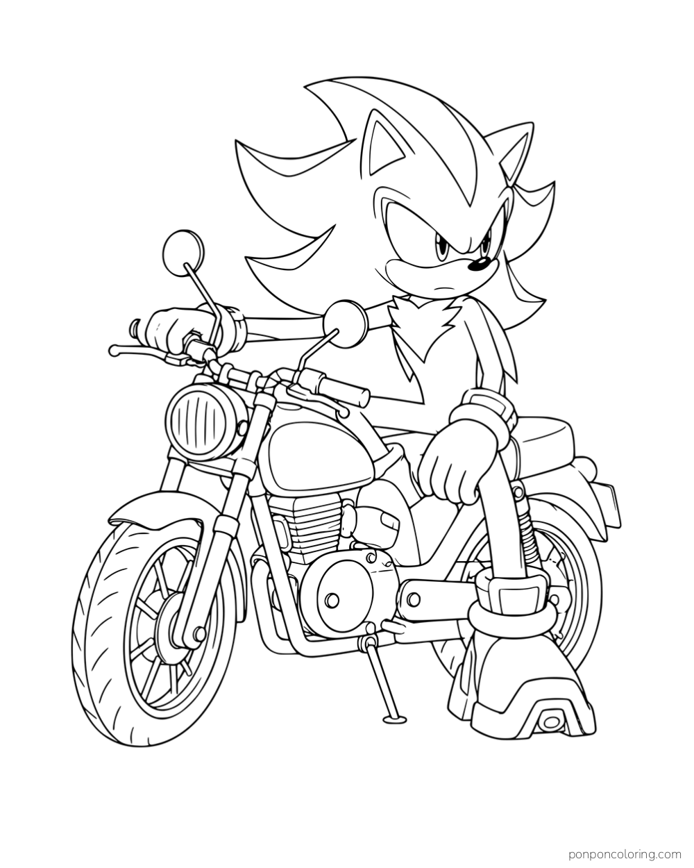 Shadow sitting on a parked motorcycle with one foot on the ground.