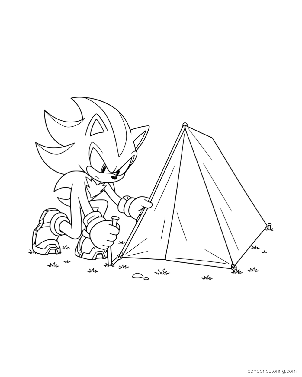 Shadow kneeling beside a tent and holding a tent peg.