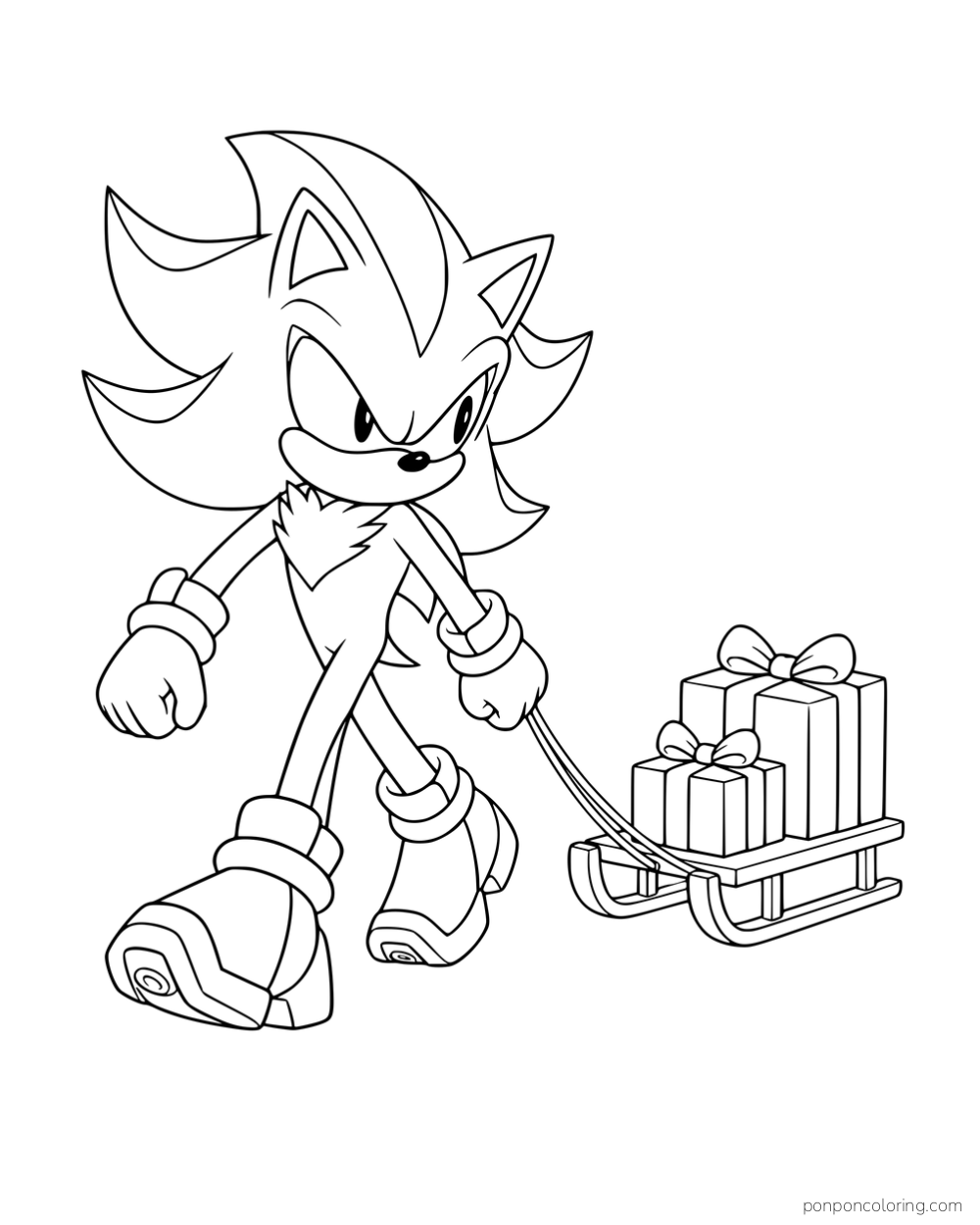 Shadow pulling a sled carrying wrapped presents.