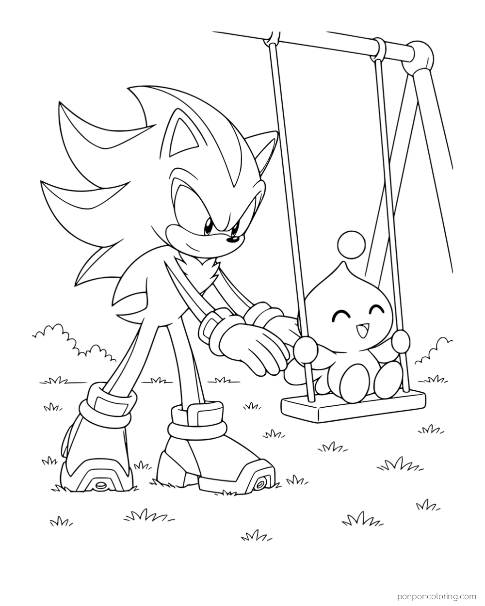 Shadow standing beside a Chao on a swing.