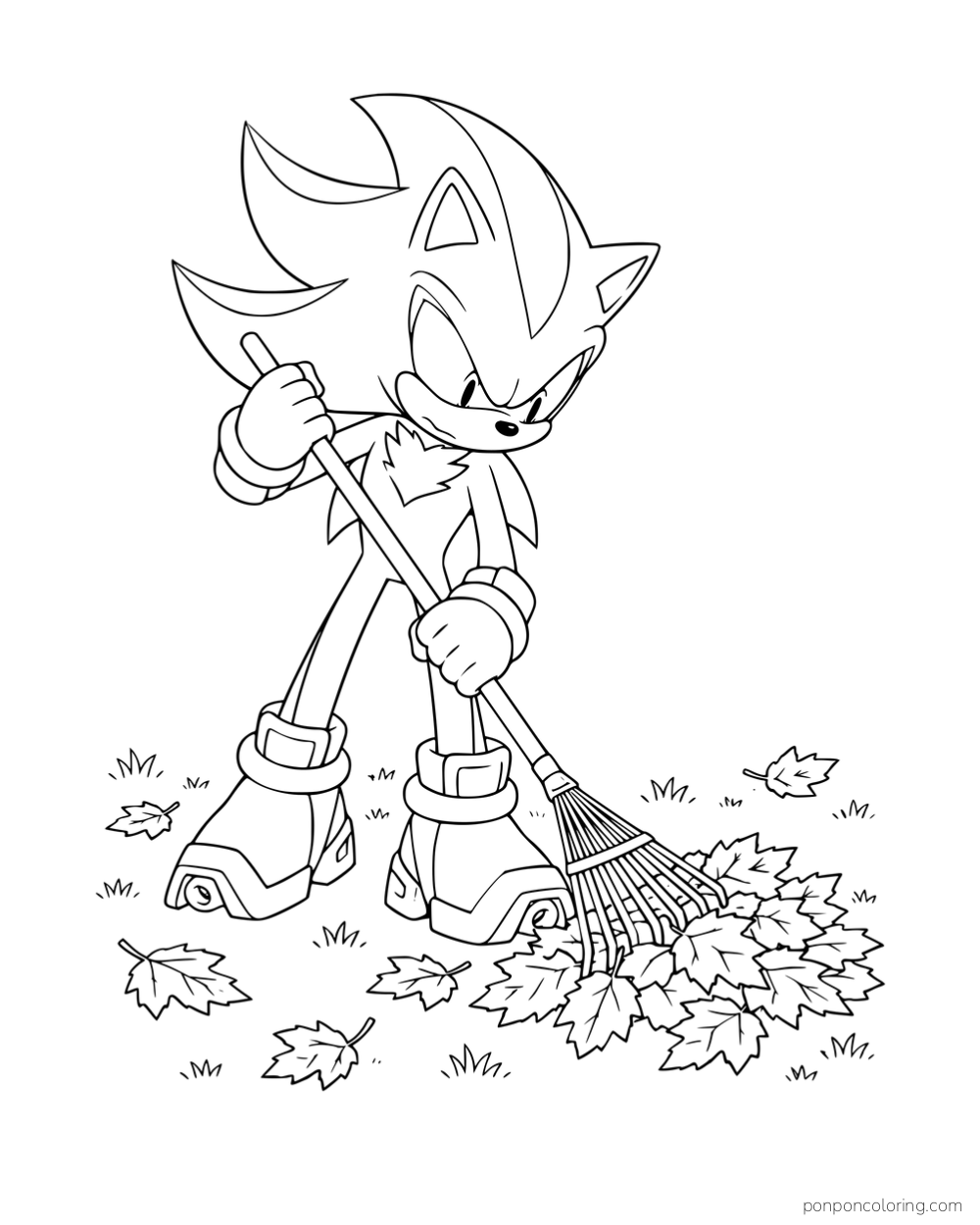Shadow raking a pile of fallen leaves.