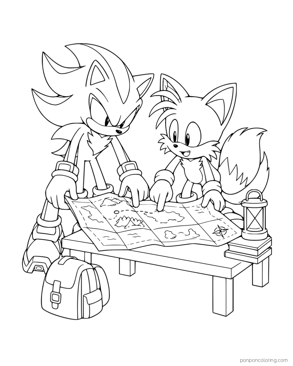 Shadow and Tails looking at a map on a table with a lantern and backpack nearby.