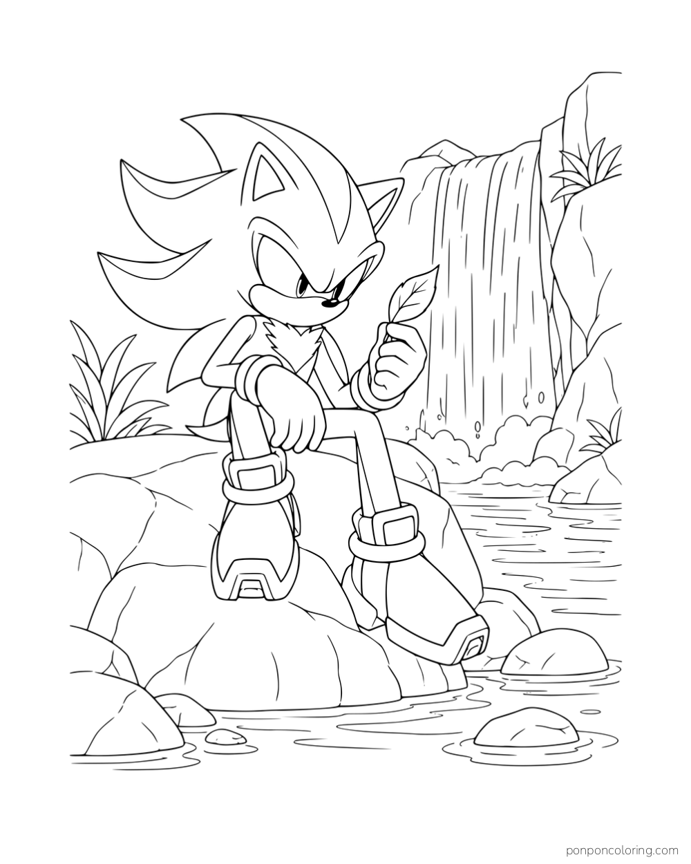Shadow sitting on a rock beside a waterfall and holding a leaf.