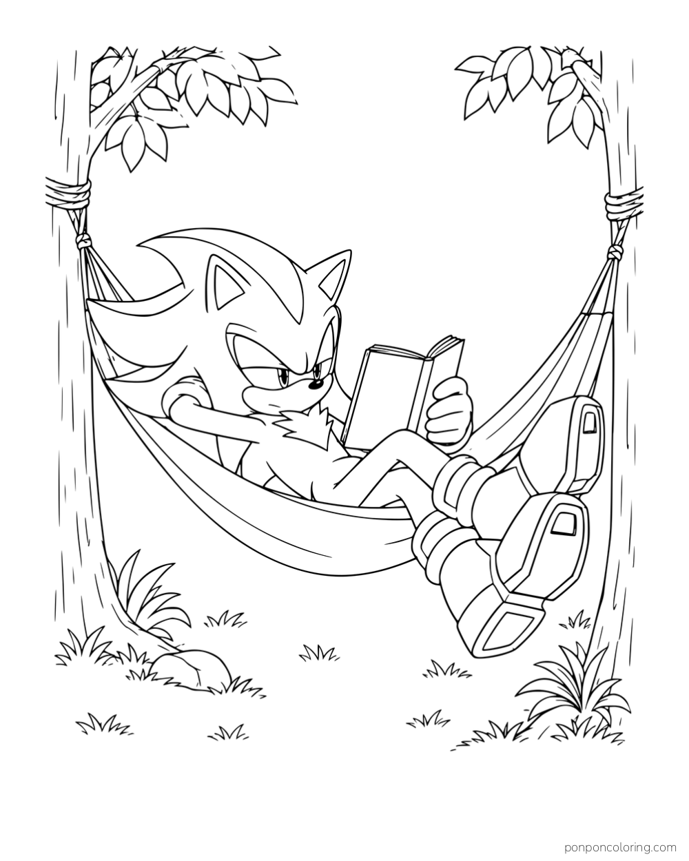 Shadow reading a book in a hammock between two trees.