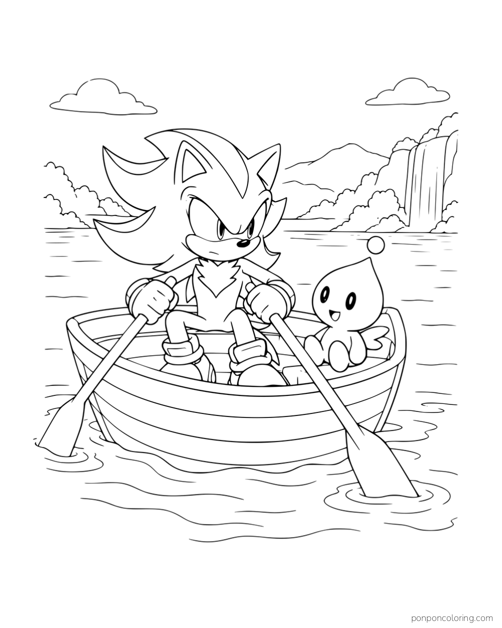 Shadow rowing a boat with a Chao sitting beside him and a waterfall in the distance.