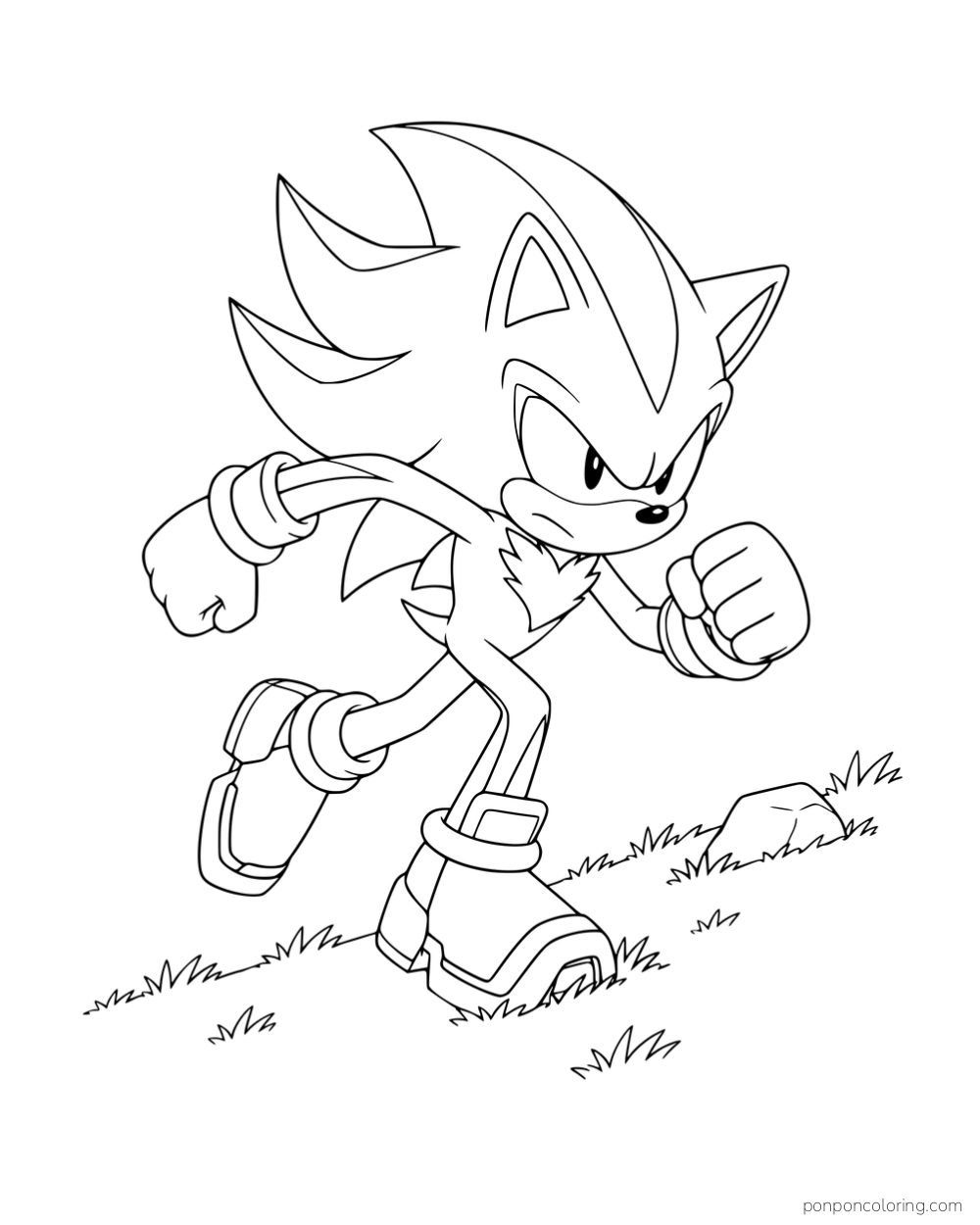 Shadow running up a grassy slope beside a rock.