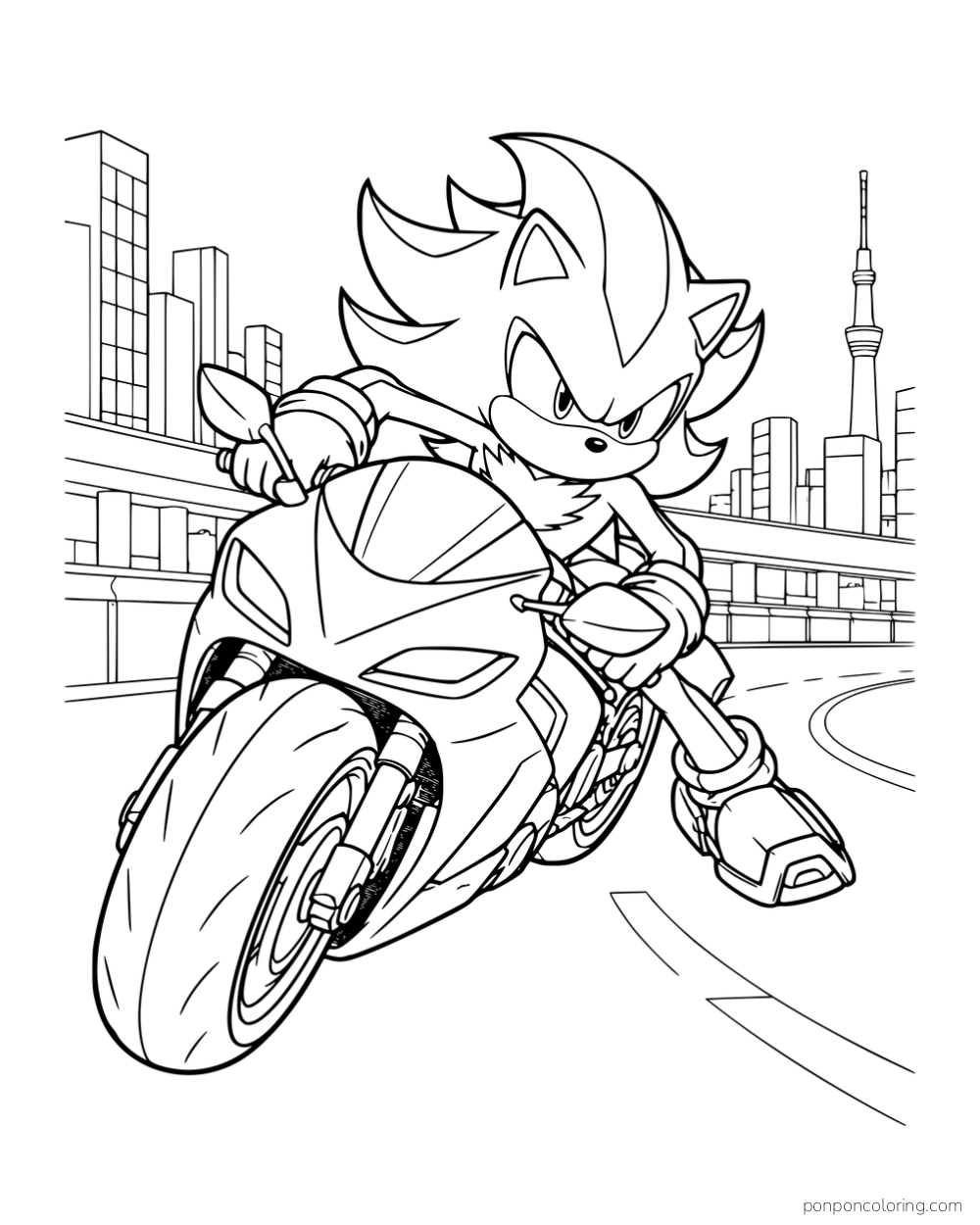 Shadow leaning into a turn on a motorcycle with city buildings behind him.