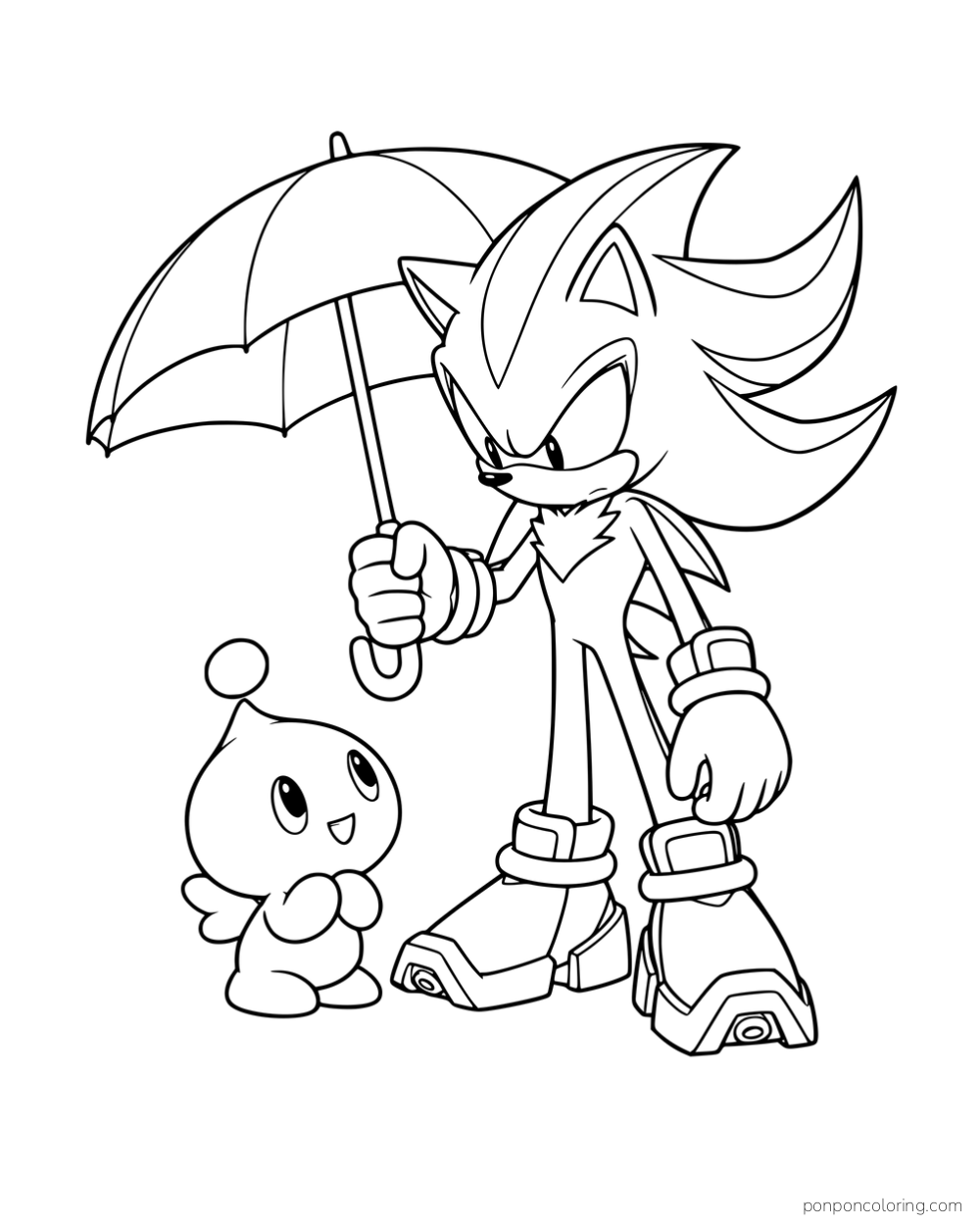 Shadow holding an umbrella beside a small Chao.