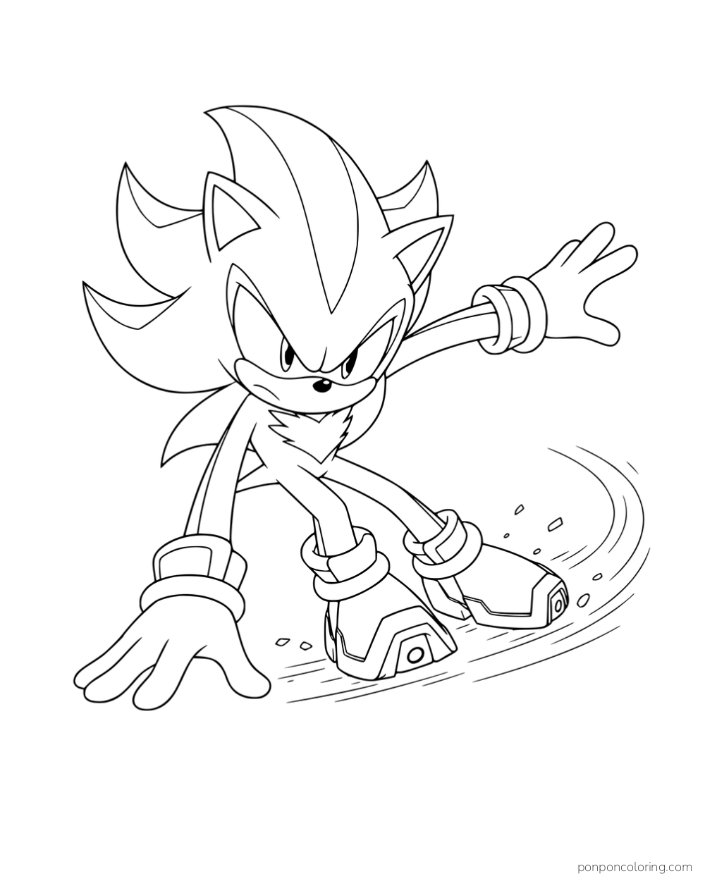 Shadow sliding on his hover shoes with his arms spread.