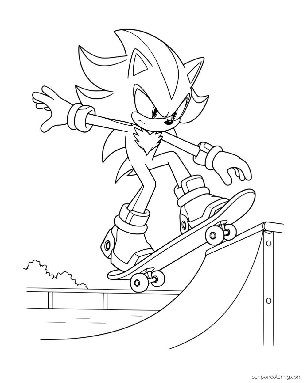 Shadow riding a skateboard up a curved ramp.