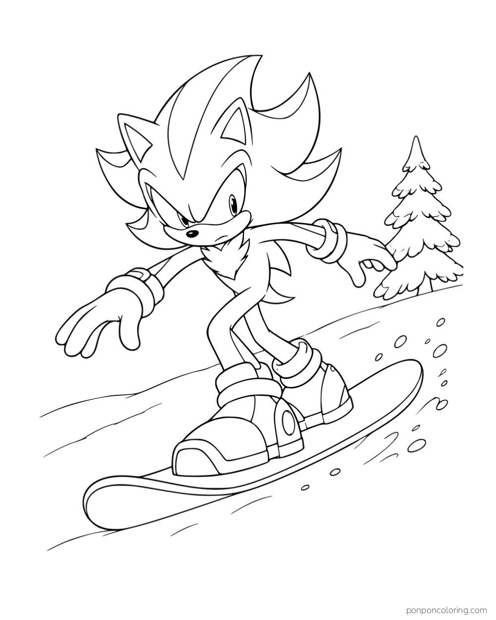 Shadow riding a snowboard down a slope beside a pine tree.