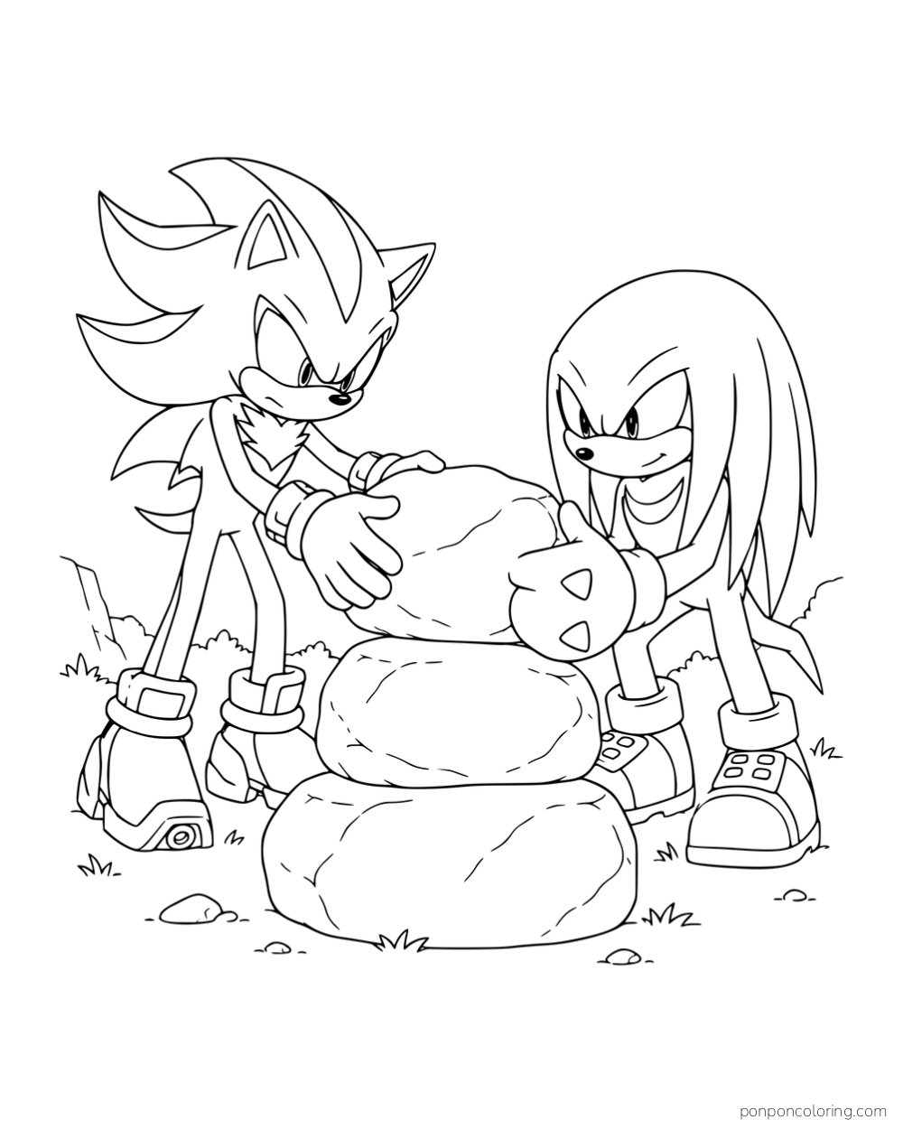 Shadow and Knuckles stacking three large stones.
