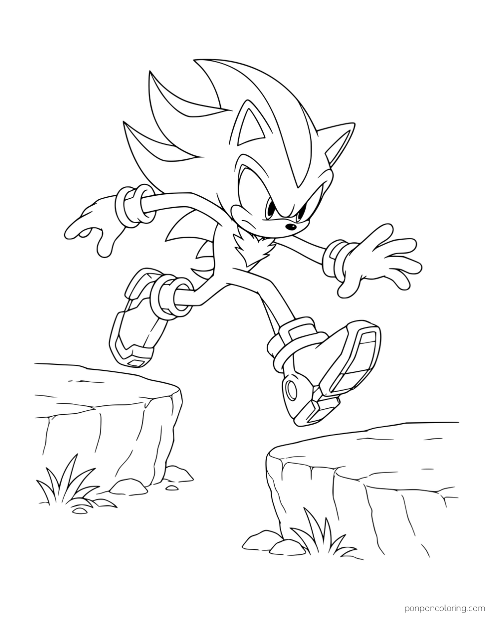 Shadow jumping between two rocky ledges.