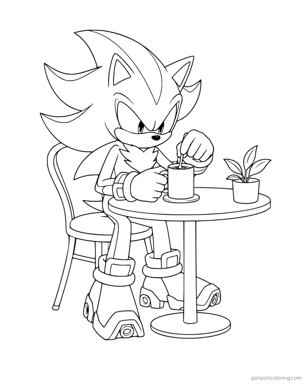 Shadow stirring a mug at a round table beside a small potted plant.