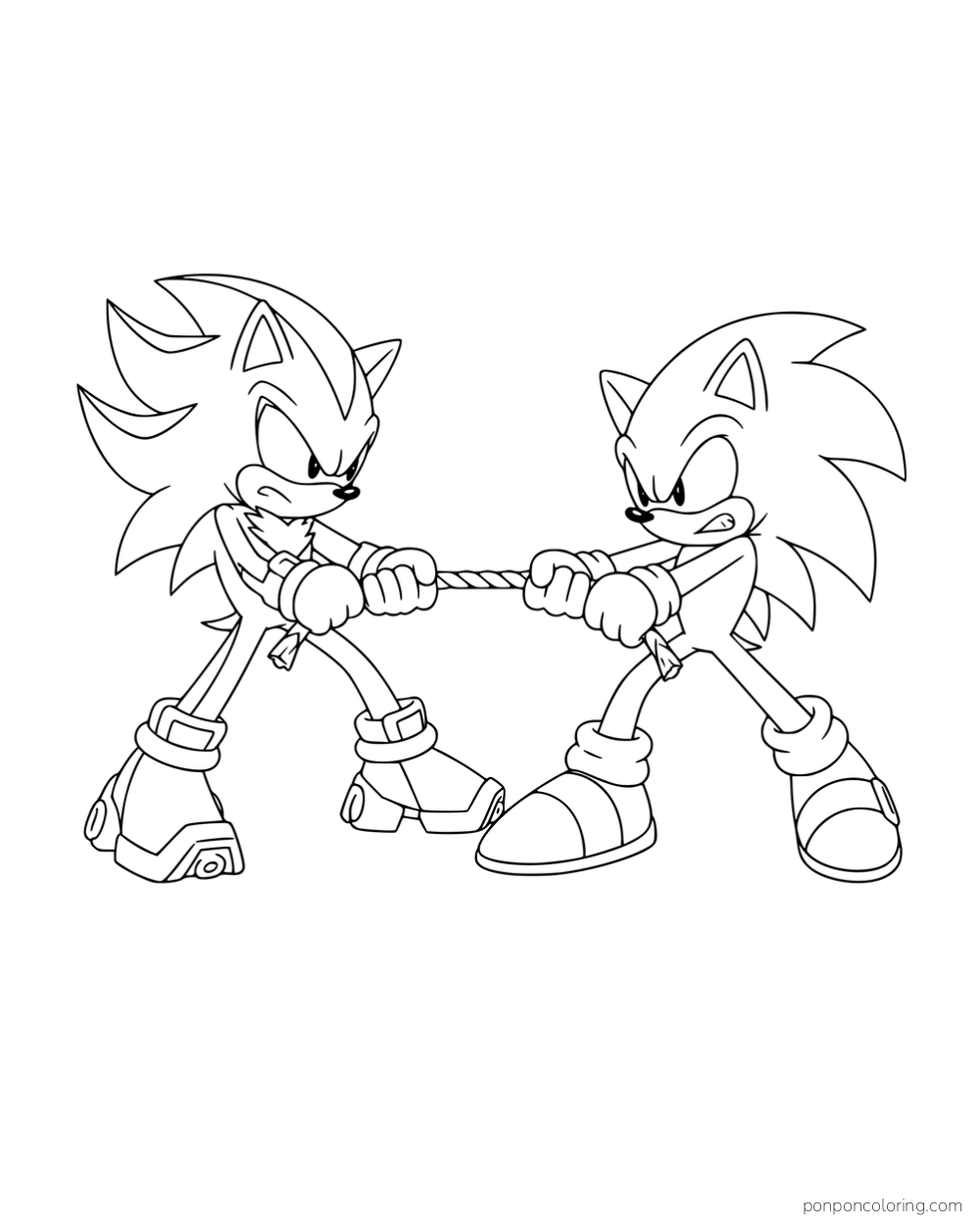 Shadow and Sonic pulling opposite ends of a rope.