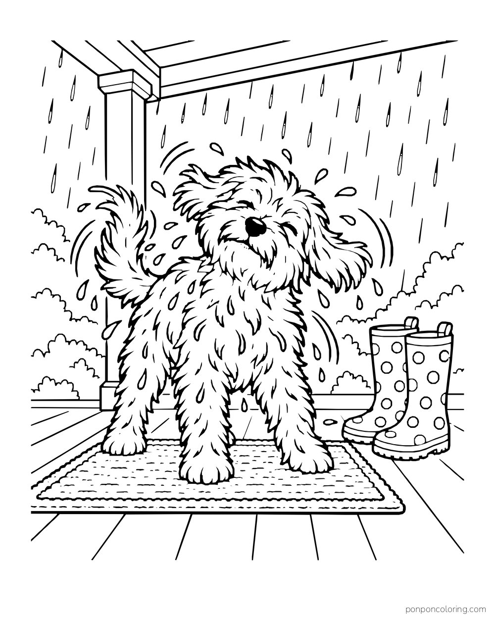 A shaggy dog shakes raindrops off on a porch mat beside rain boots.