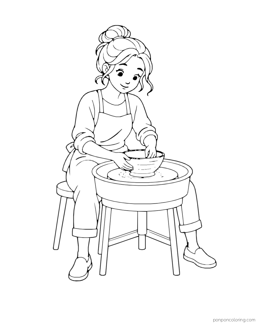 A woman in an apron shapes a bowl at a pottery wheel.