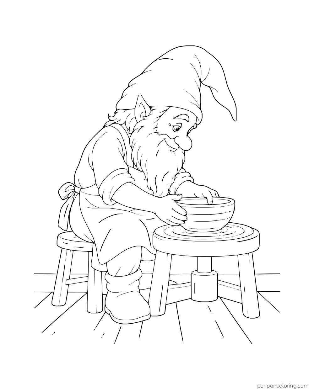 Gnome shaping a round bowl on a small potter's wheel with both hands.