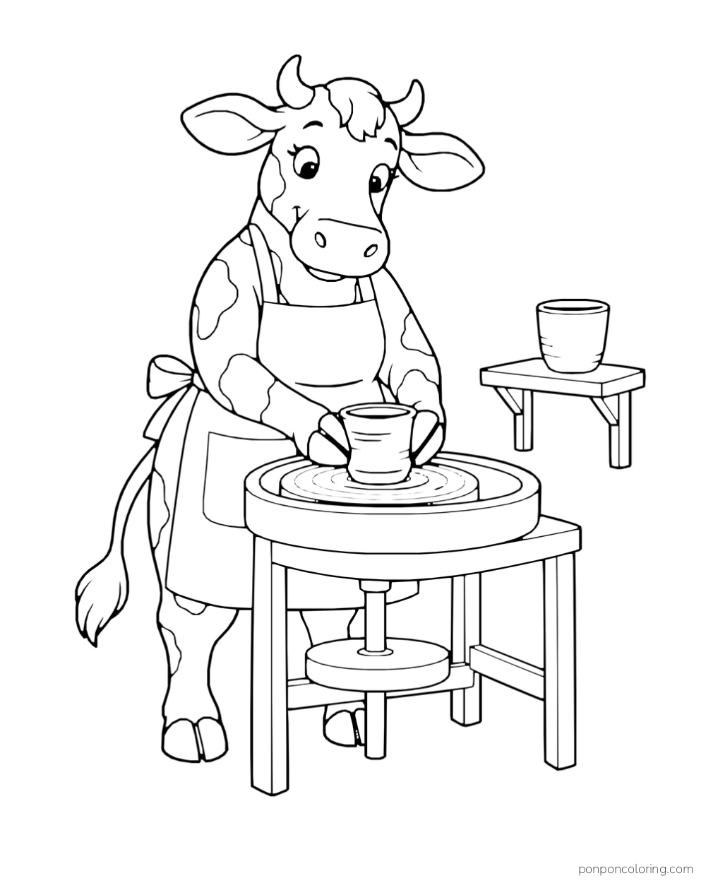 A cow in an apron shapes a cup on a pottery wheel.