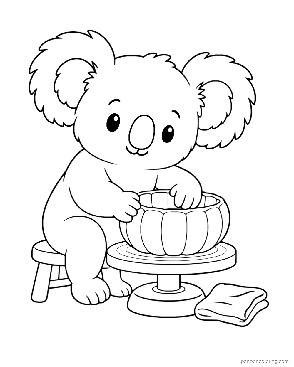 A koala sits on a stool and shapes a ribbed bowl on a pottery turntable beside a folded cloth.