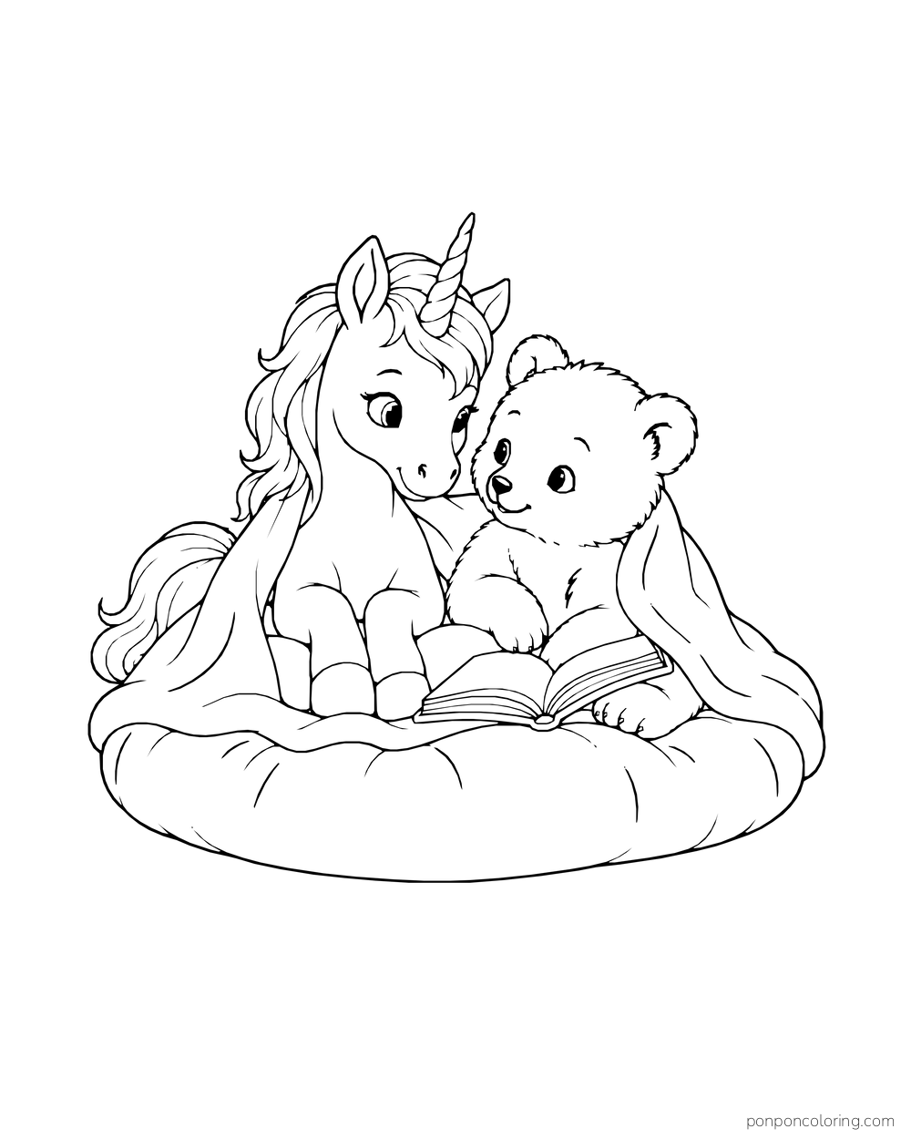 A unicorn foal and bear cub sit together on a thick cushion with a book.
