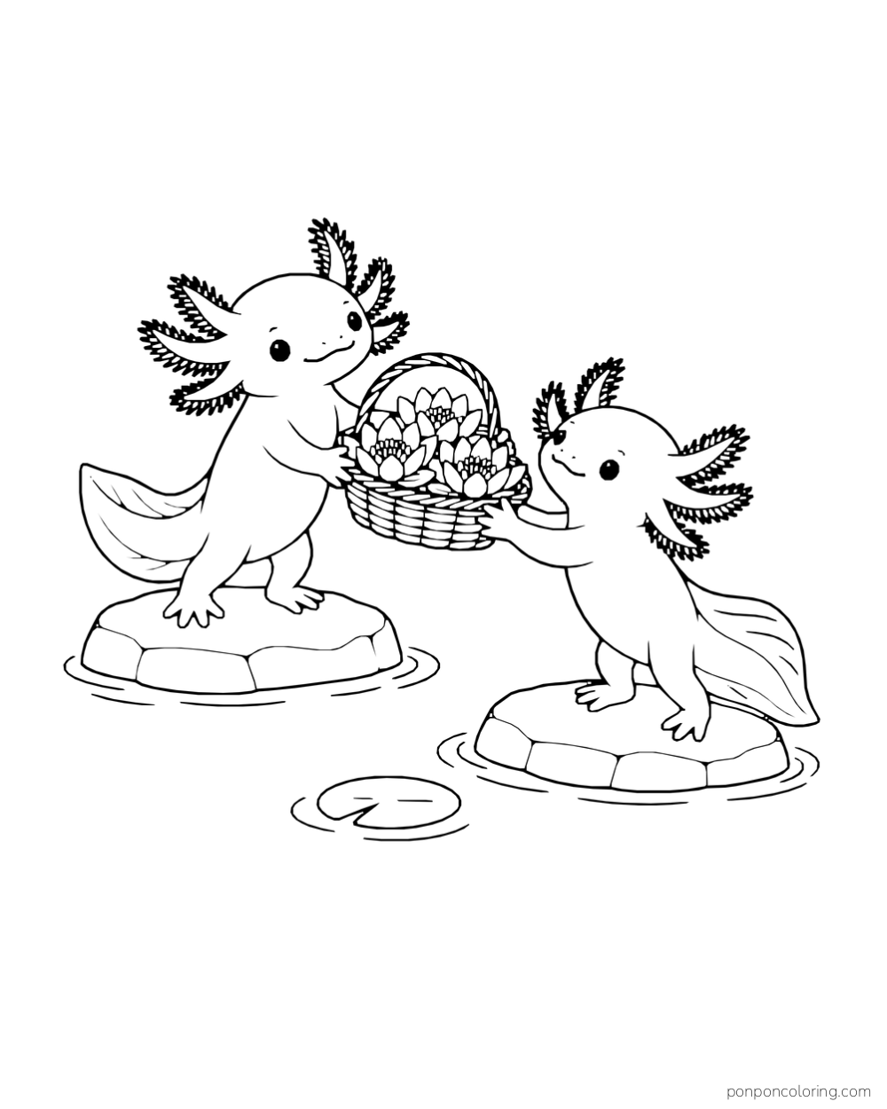 Two axolotls on separate rocks passing a basket of flowers between them.