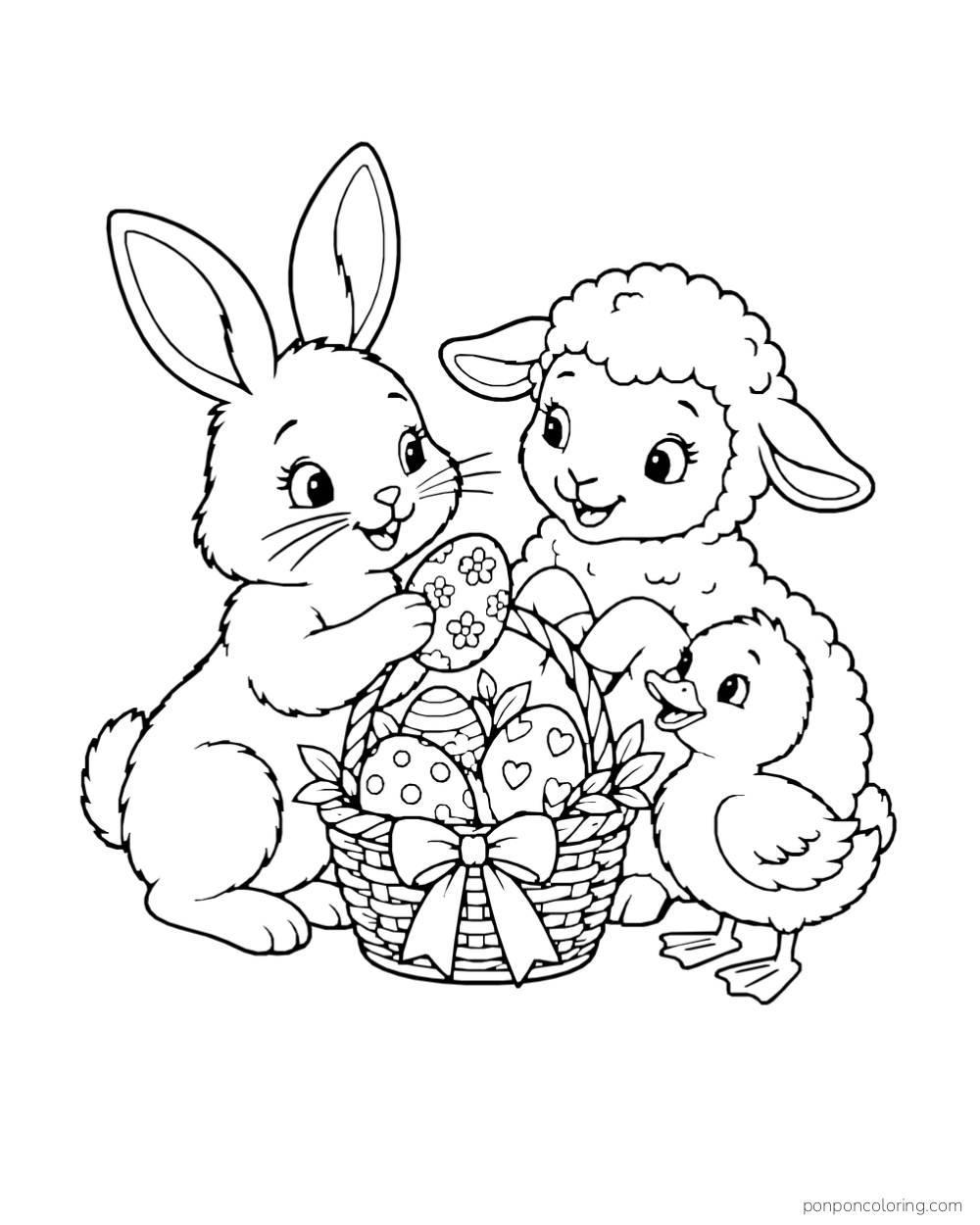 A rabbit, lamb and duck gather around a ribboned basket filled with patterned Easter eggs.