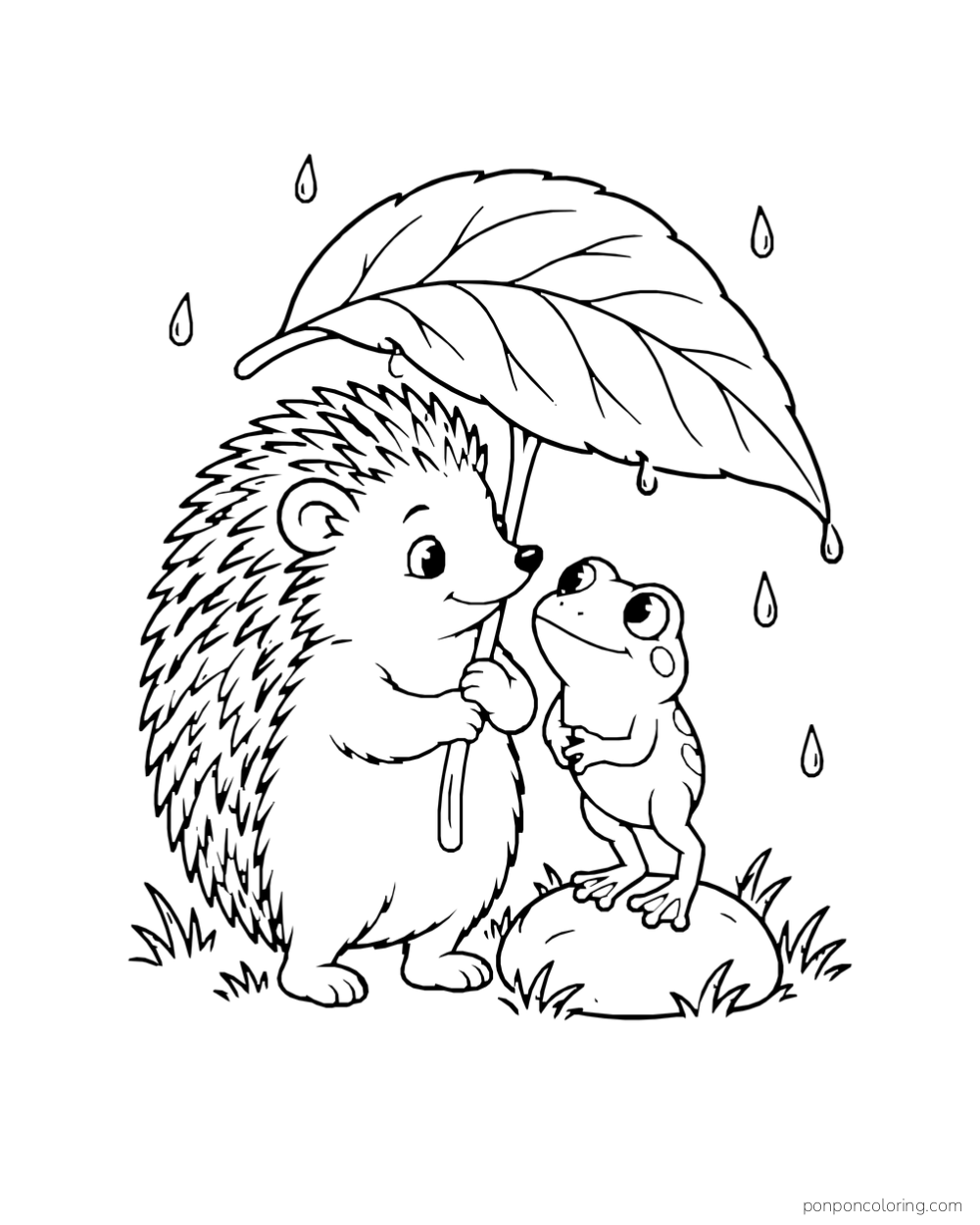 A hedgehog holds one large leaf above a frog while raindrops fall around them.