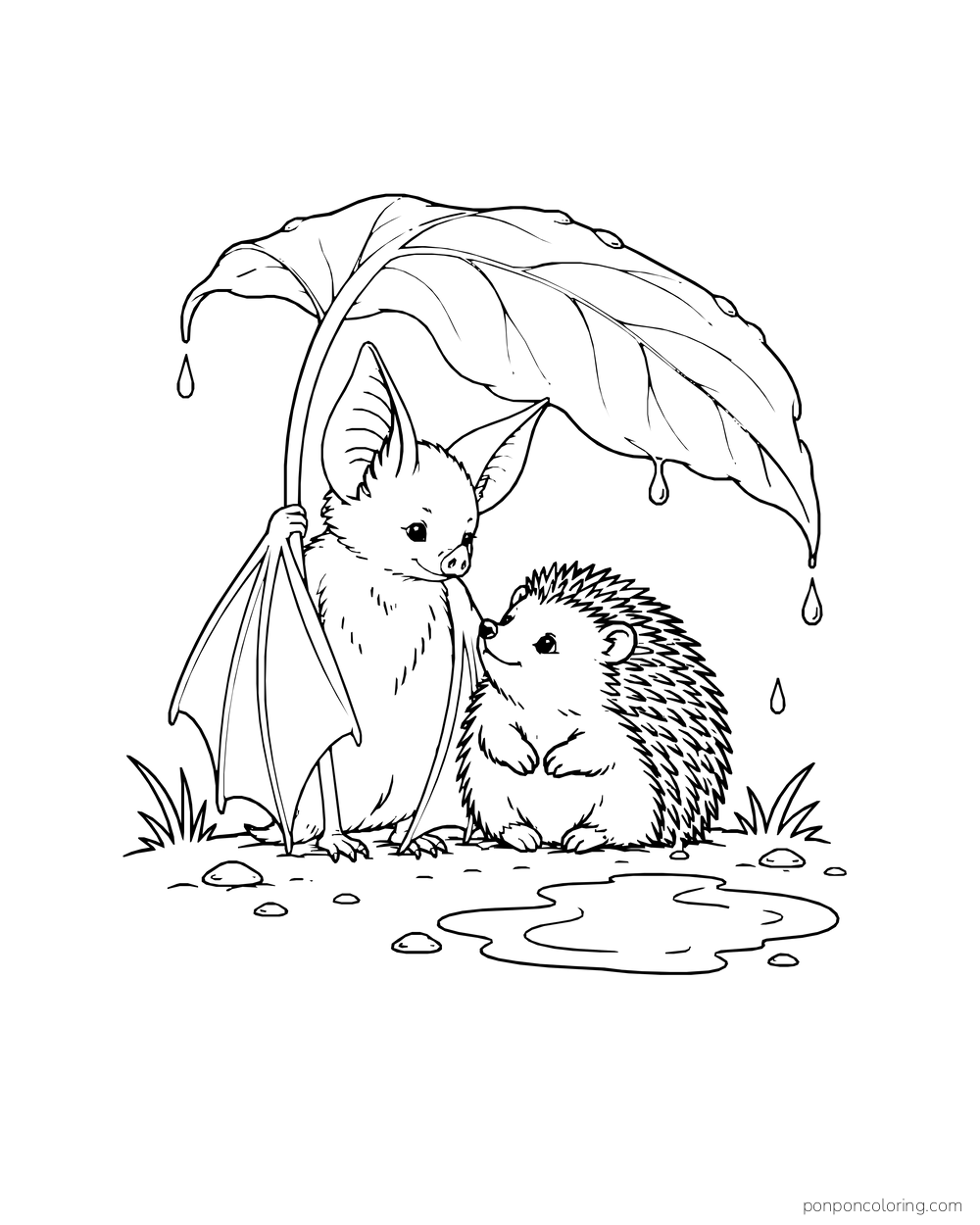A bat holds a broad dripping leaf over a hedgehog beside a puddle.
