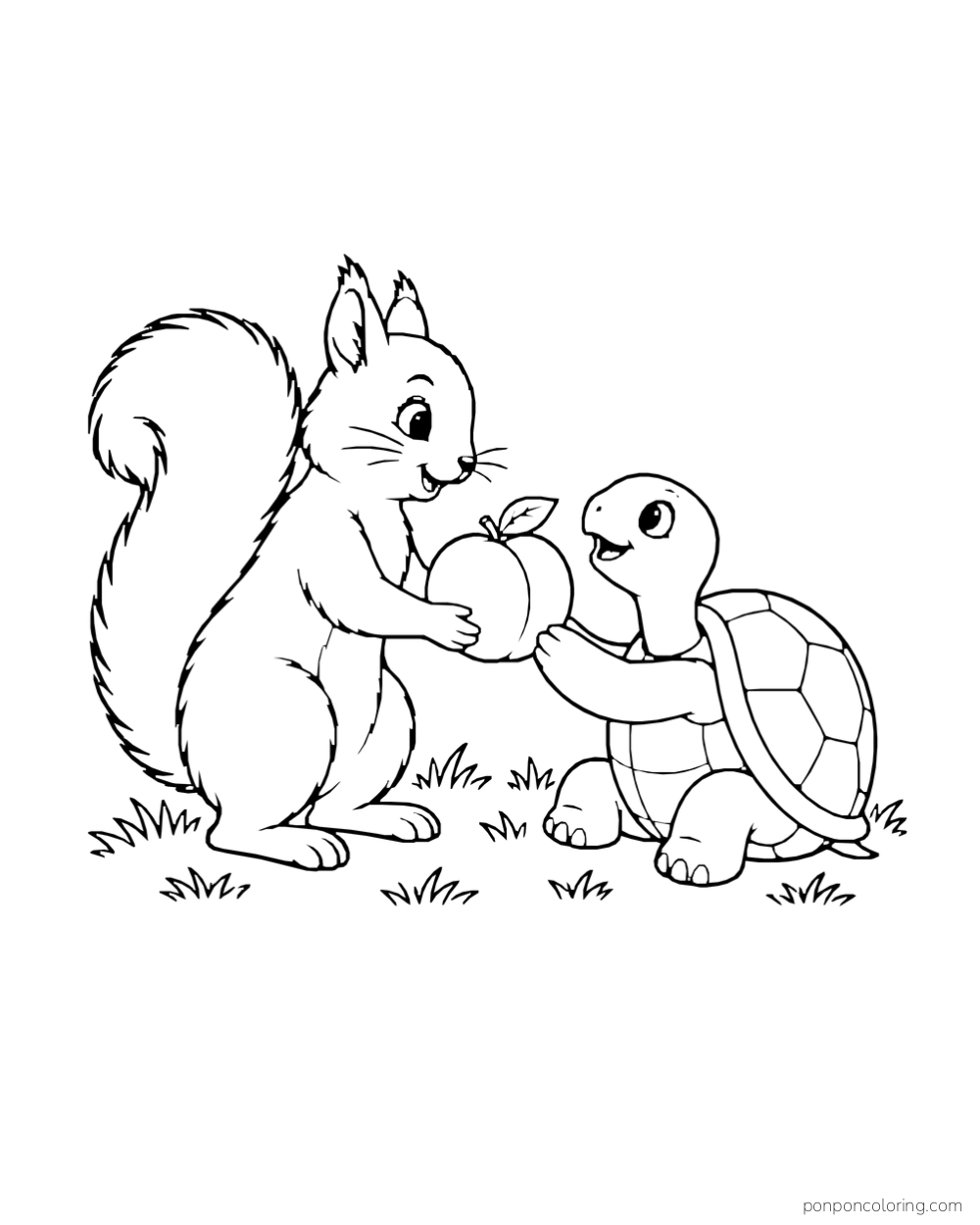 Squirrel holding out a peach to a seated turtle on a patch of grass.