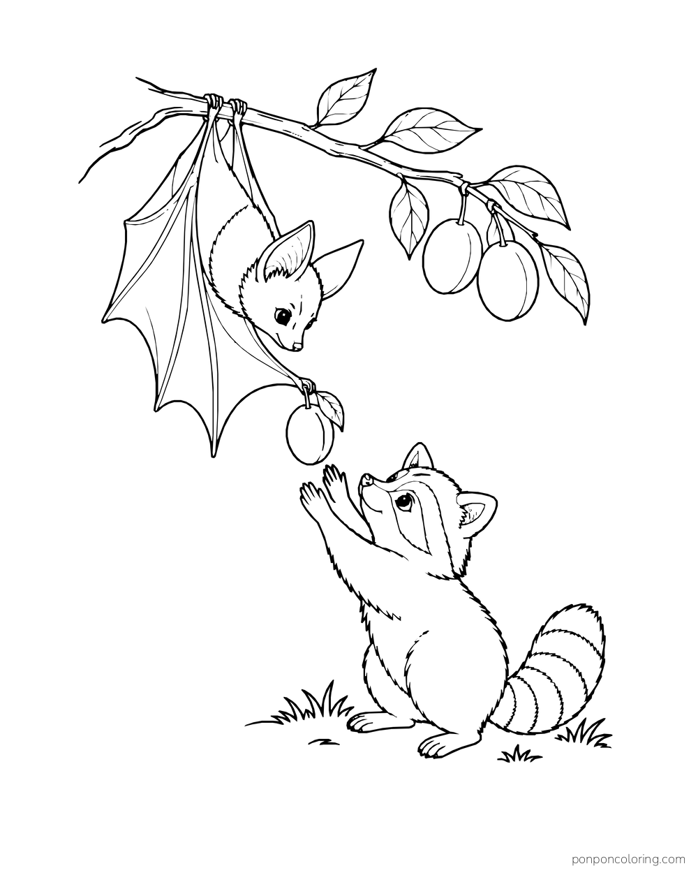 A bat offers a plum from a low branch to a raccoon reaching up beneath more hanging fruit.