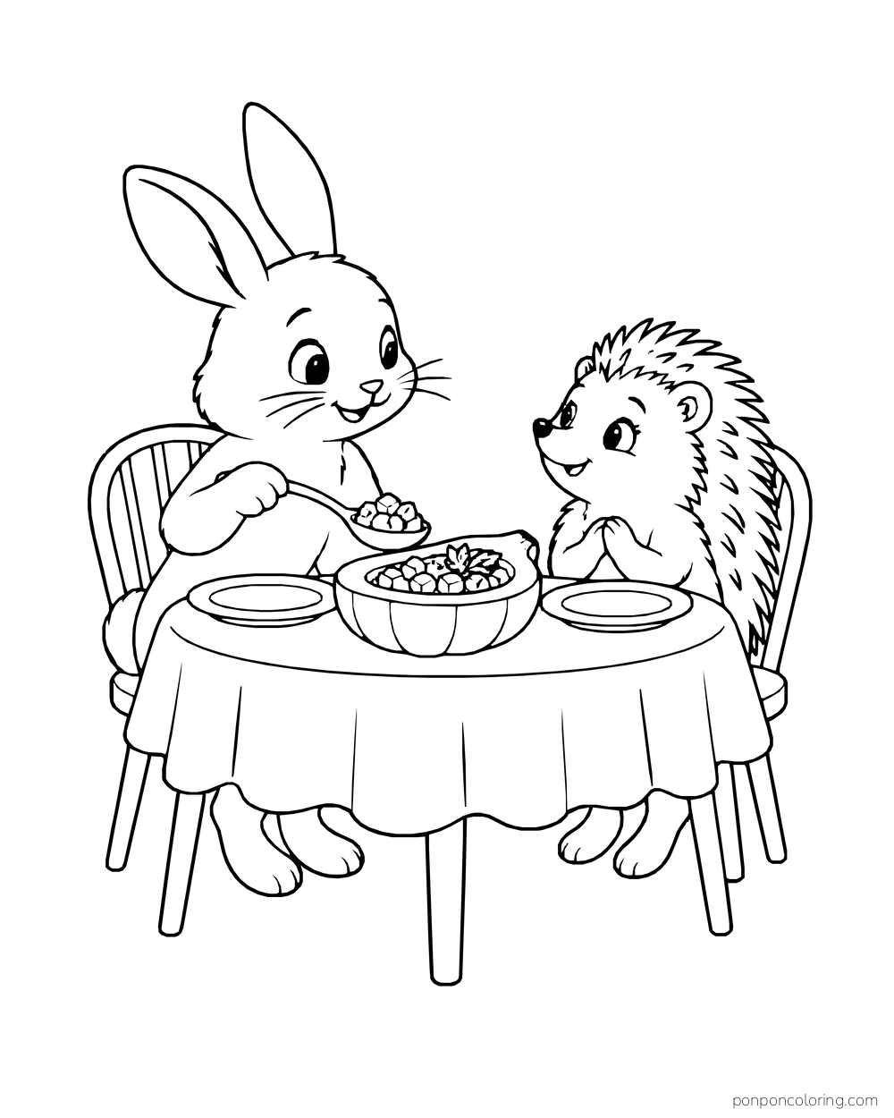 A rabbit serves a squash dish to a hedgehog across a small table.
