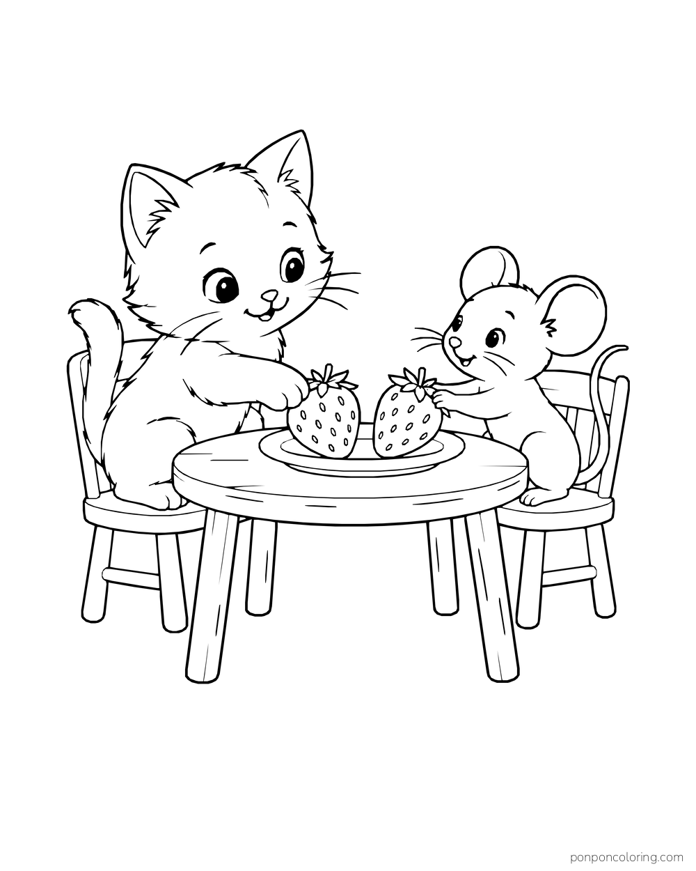 A kitten and a mouse sit across a table, each reaching toward a strawberry on a plate.