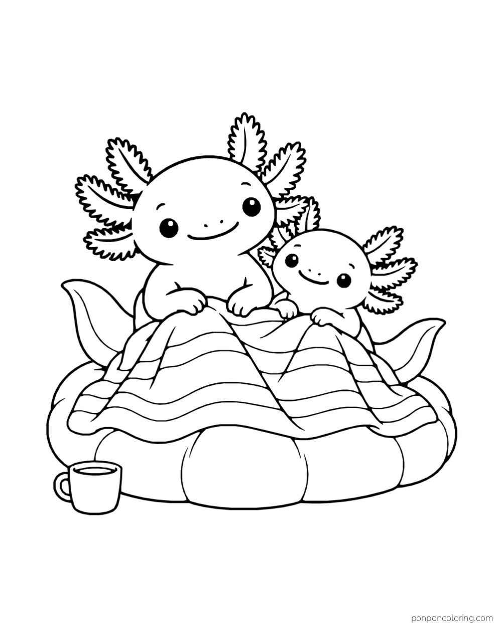 Two axolotls of different sizes sitting together under a striped blanket on a cushion, with a cup nearby.