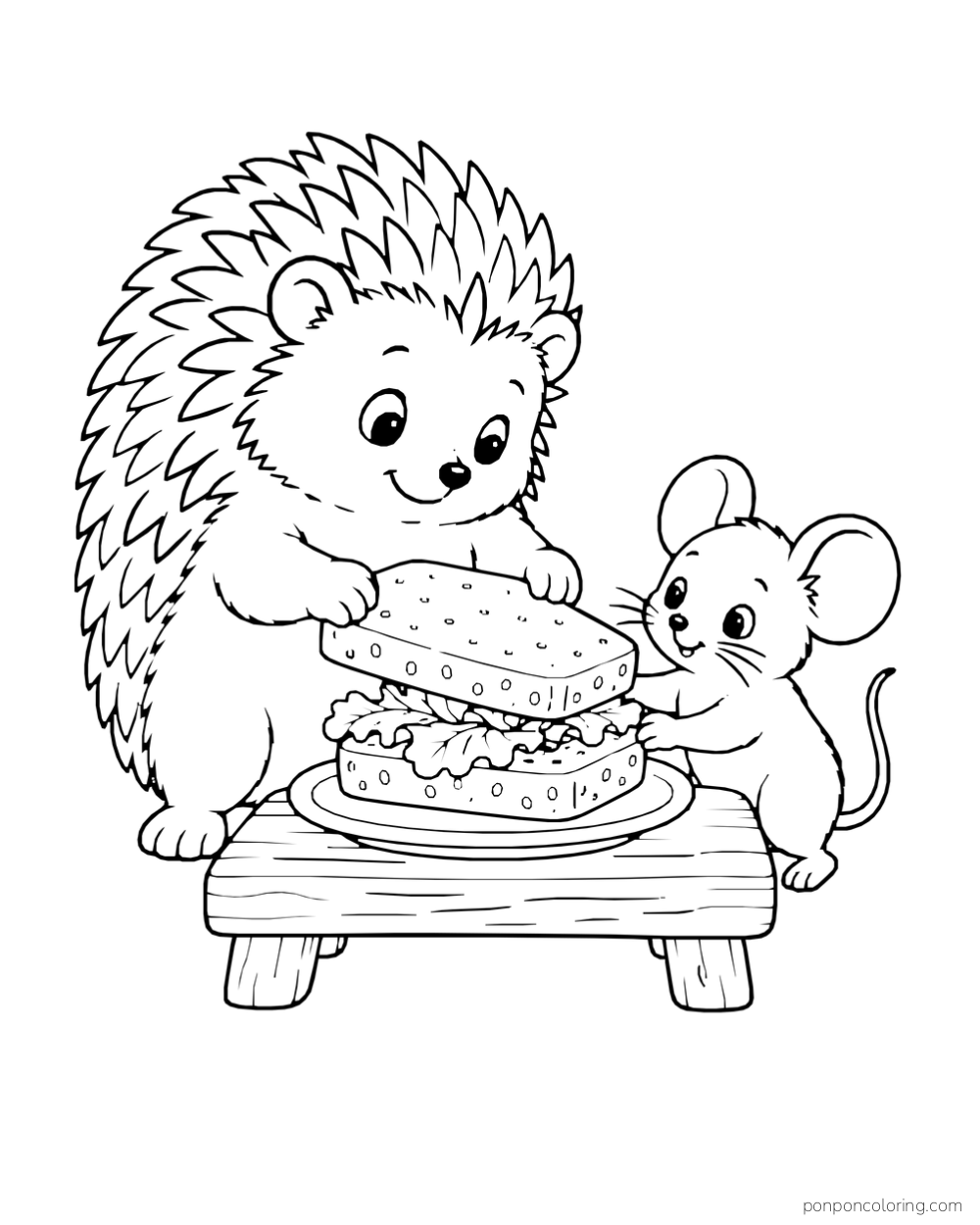 A hedgehog and a mouse hold a tall layered sandwich on a low wooden table.
