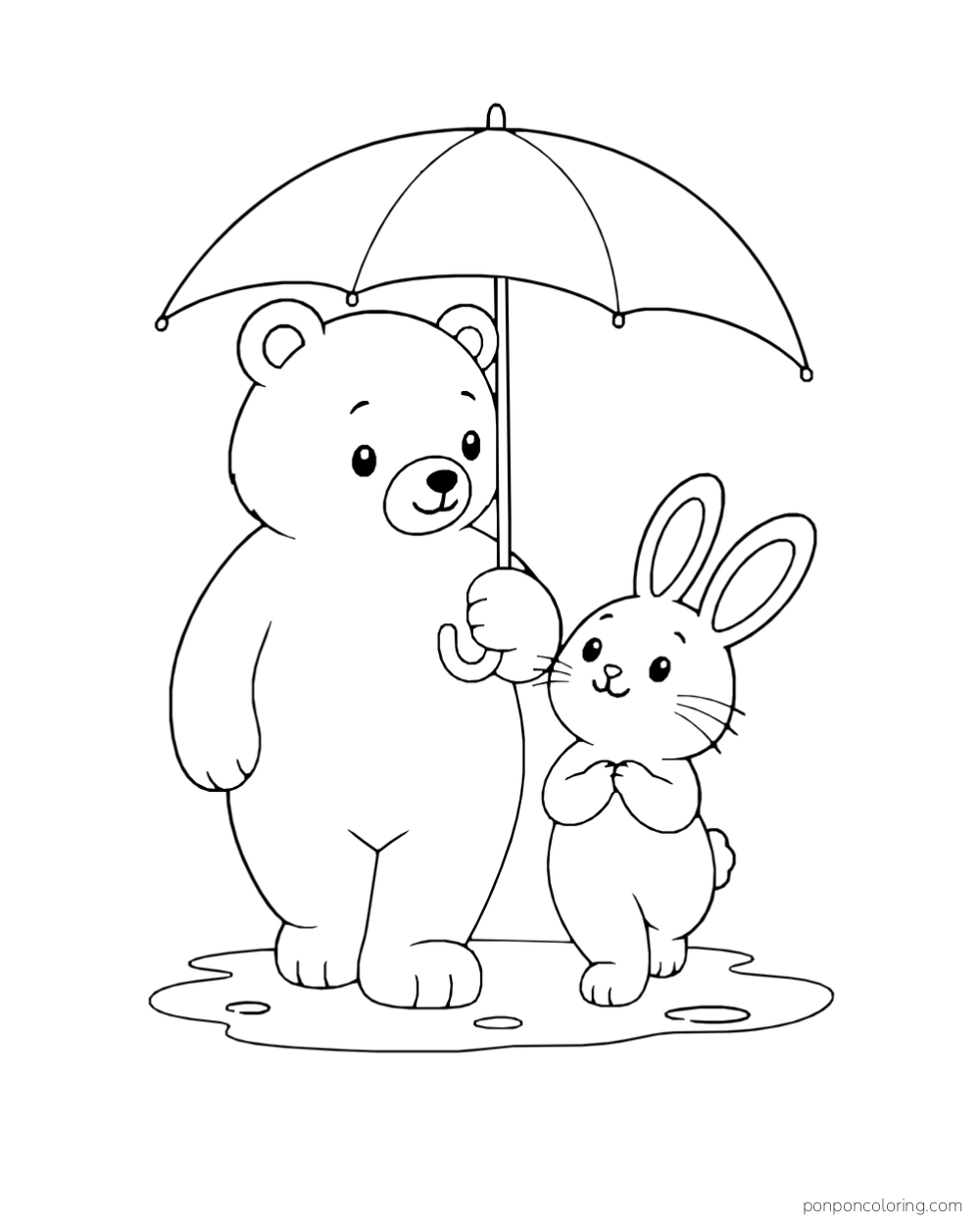 A bear holds a large umbrella over a rabbit while they stand in a puddle.