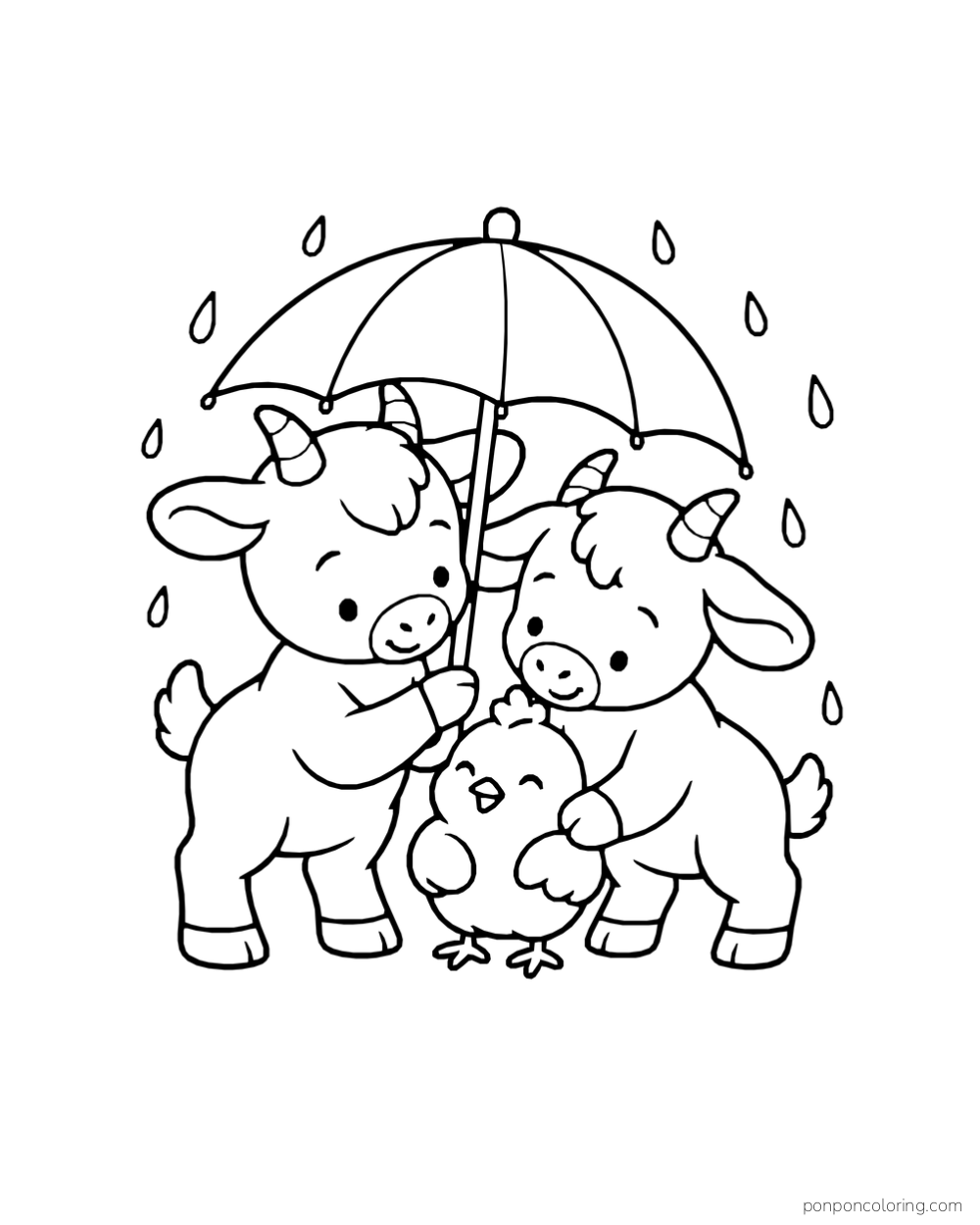 Two horned farm animals shelter a chick under an umbrella.