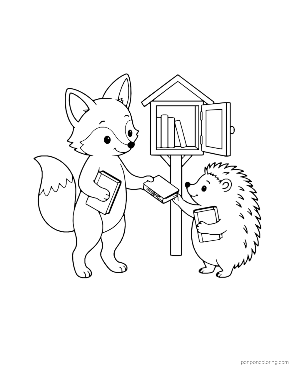 A fox hands a book to a hedgehog beside a little outdoor book cabinet.