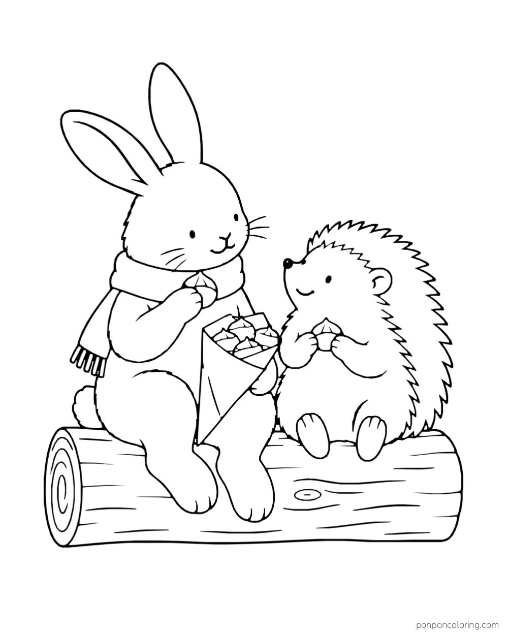 A rabbit and hedgehog sit on a log sharing chestnuts from a paper cone.