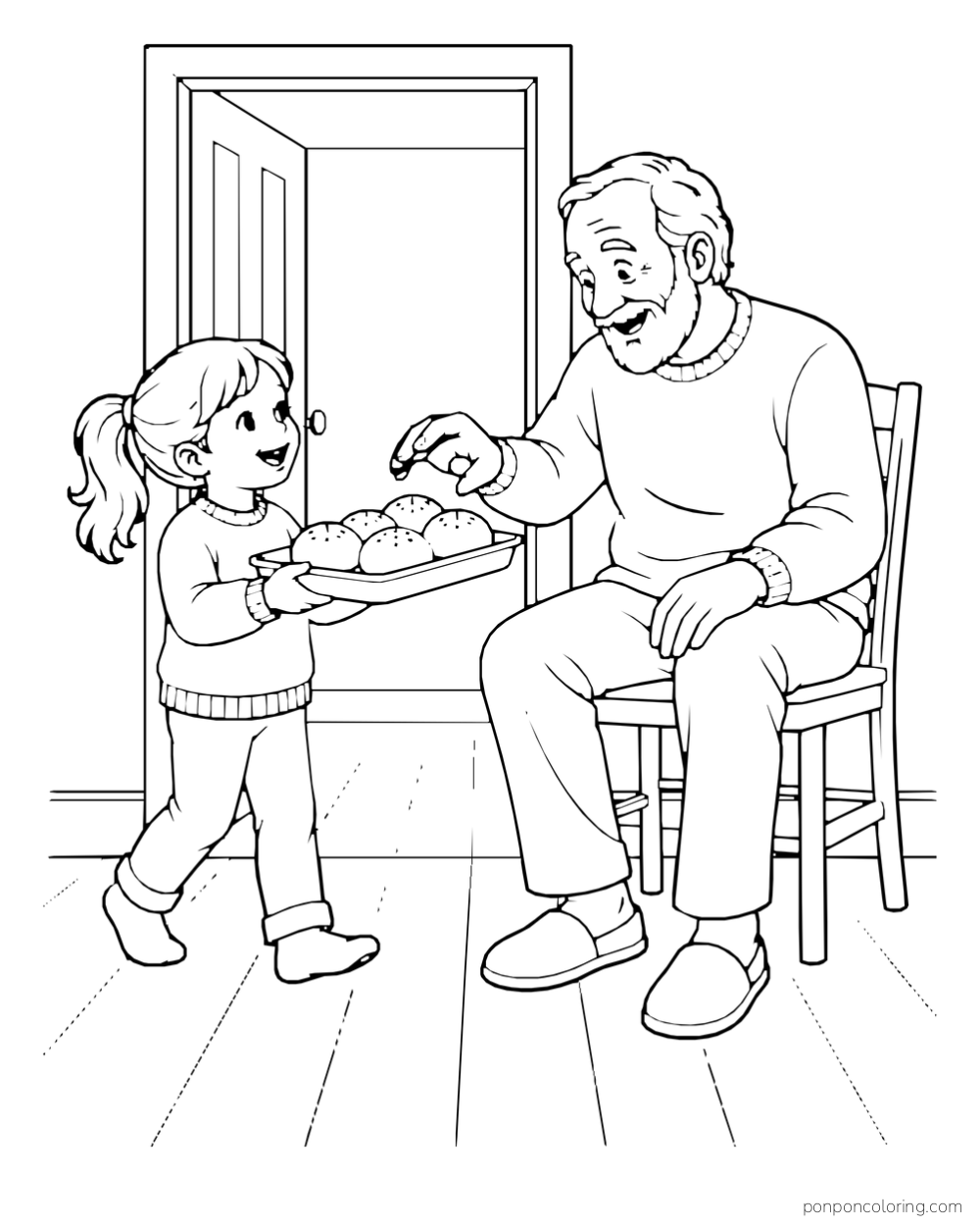 A child offers a tray of round rolls to a seated adult near an open doorway.