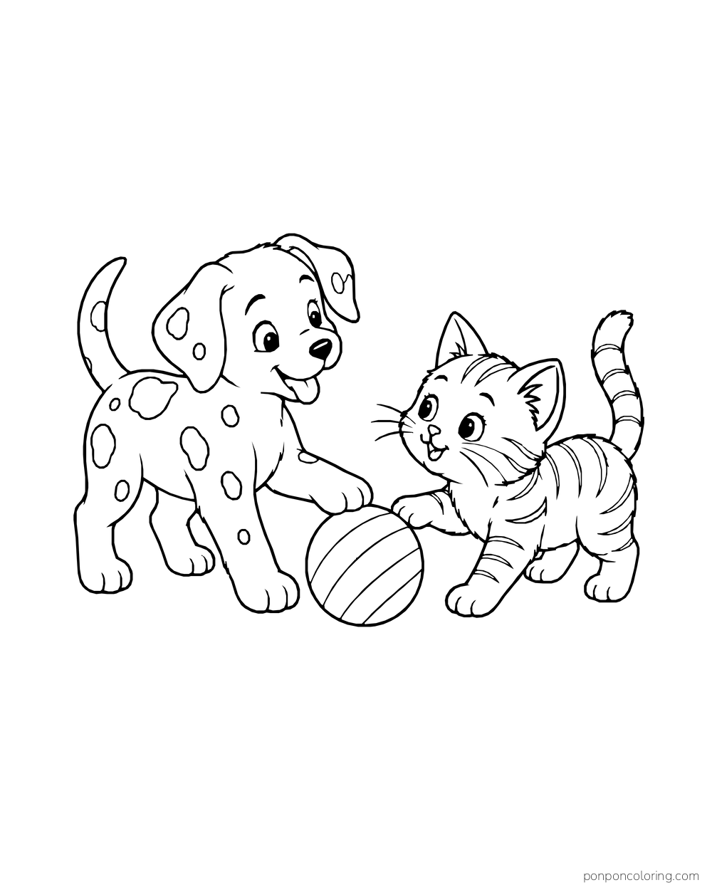 A spotted puppy and striped kitten face each other over a ball.