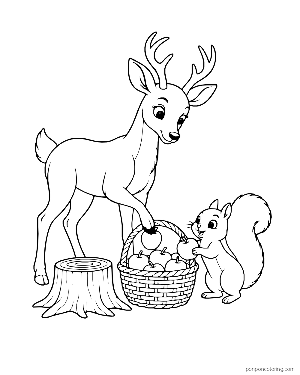 A deer lowers fruit into a basket while a squirrel helps beside a tree stump.