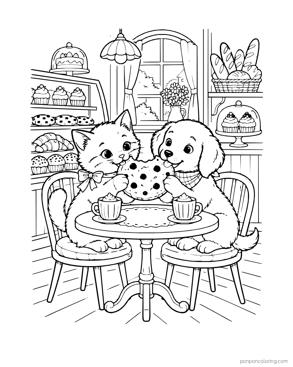 A kitten and puppy share a large cookie across a little café table.