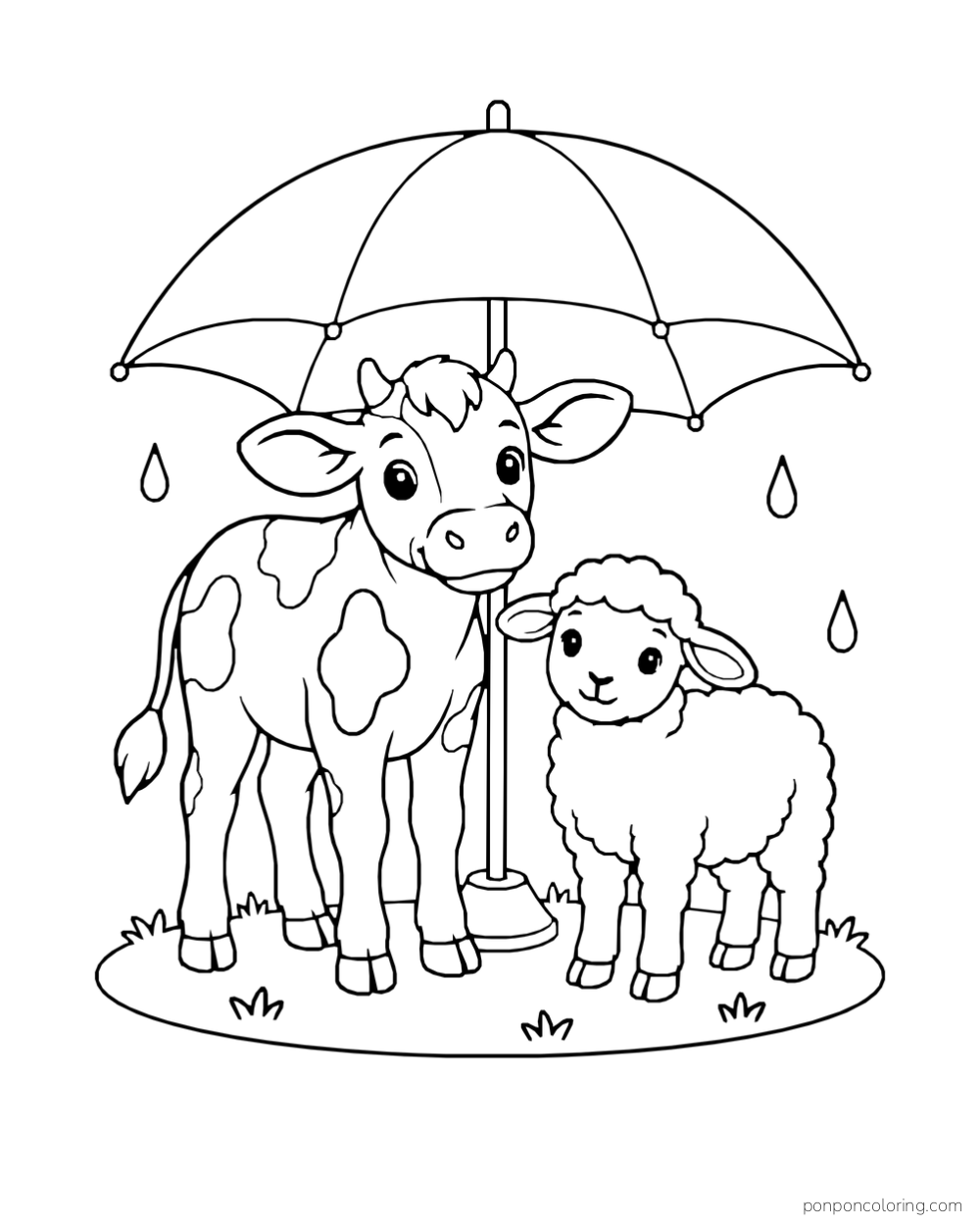A calf and a lamb stand together beneath an umbrella with raindrops around them.