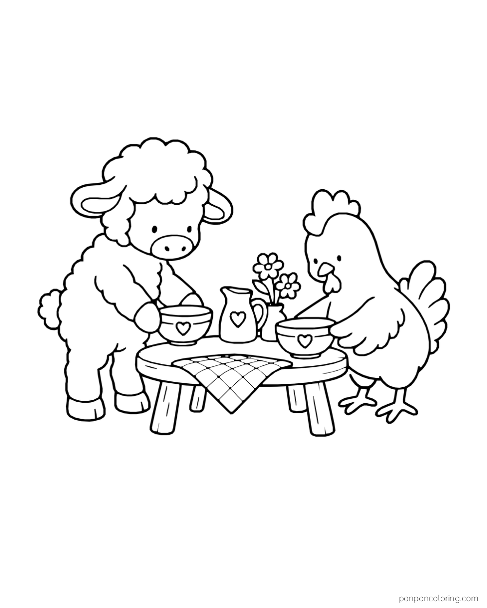 A sheep and hen hold bowls beside a small table with a pitcher, flowers and checked cloth.
