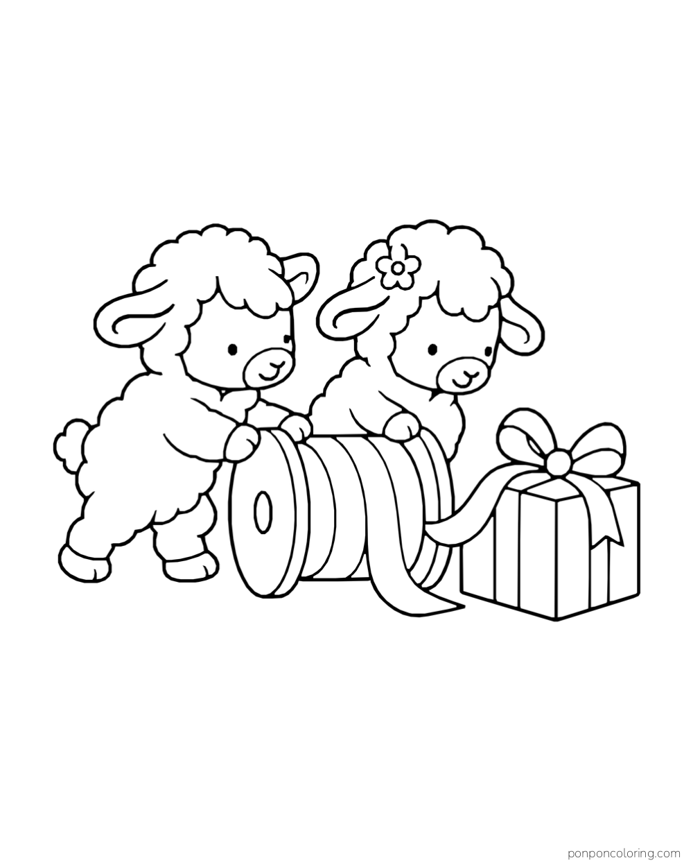 Two sheep roll a spool of ribbon beside a wrapped gift.