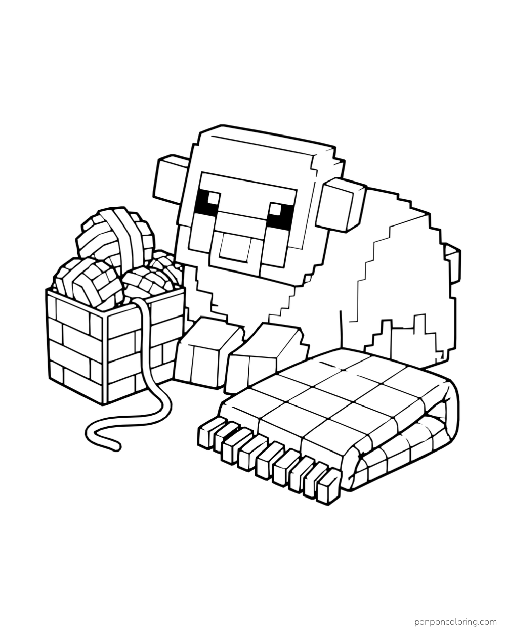 A resting sheep sits beside a basket of yarn and a folded checked blanket.