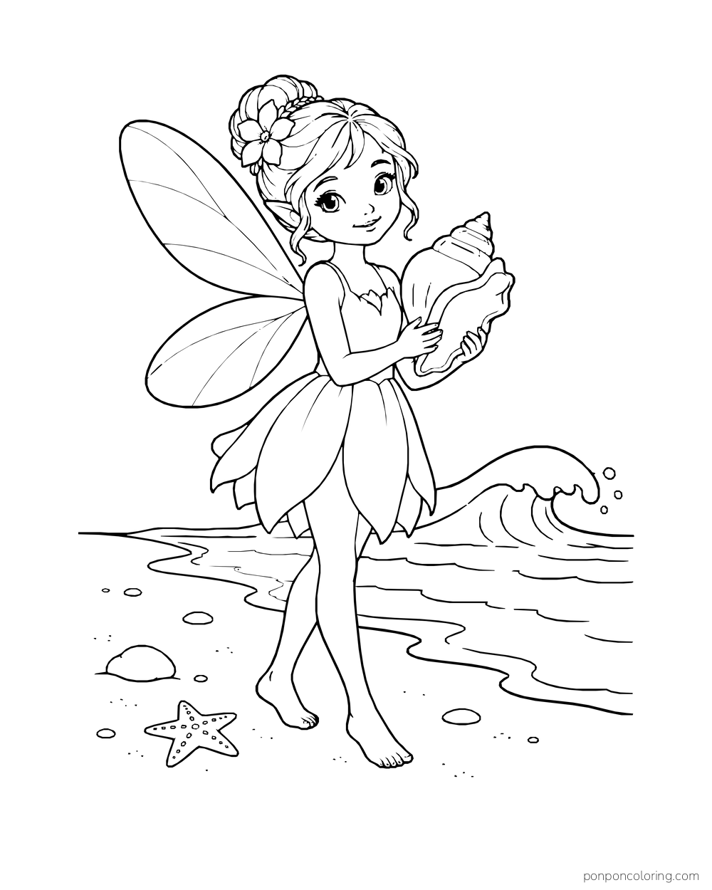 Fairy holding a large seashell by a shore with a small wave.